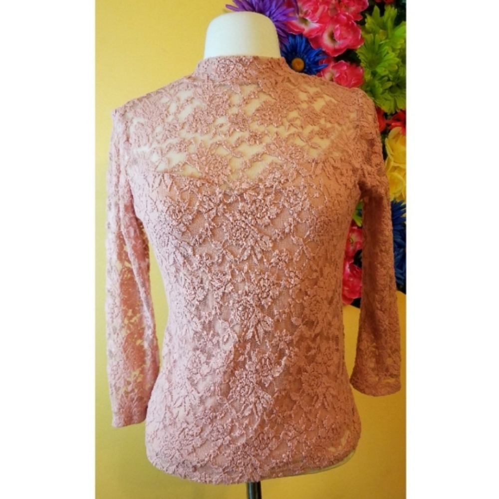 Ambiance x Forever 21 Pink Sheer Lace Mock Neck Blouse Top L Coquette Feminine